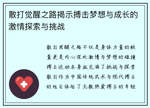 散打觉醒之路揭示搏击梦想与成长的激情探索与挑战